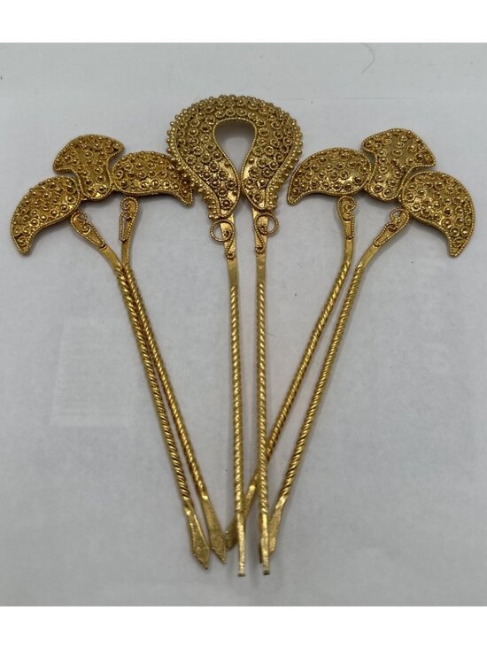 Set Of 3 Bright Gold Tone Ornate Hair Pins Accessories 5.5” Bali Bridal main image 12